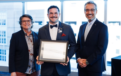 Photo of ADA Foundation Chair Rita Cammarata, D.D.S. (from left), Dr. David Whiston Leadership Award winner Joseph Anthony Manzella-Kane, D.D.S., and ADA Executive Director Nader Nadershahi, D.D.S., M.B.A., Ed.D.