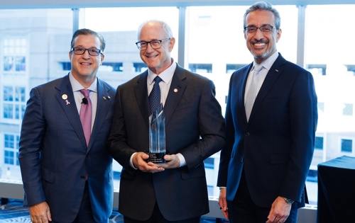 Photo of ADA President Richard Rosato, D.M.D. (from left), Humanitarian Award winner Jeffrey Moses, D.D.S., and ADA Executive Director Nader Nadershahi, D.D.S., M.B.A., Ed.D.