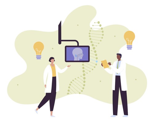 Illustration showing scientists conducting DNA analysis